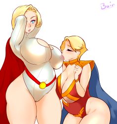 Rule 34 | 2girls, absurdres, animification, armor, blonde hair, blue eyes, blush, breast sucking, breast sucking through clothes, breasts, cameltoe, cape, cleavage, cleavage cutout, closed eyes, clothing cutout, crossover, curvy, dc comics, eighth wonder, eyebrows, haruka athena, highleg, highleg leotard, highres, huge breasts, leotard, lips, lipstick, makeup, mature female, multiple girls, pauldrons, plump, power girl, short hair, shoulder armor, superboin, superhero costume, thick thighs, thighs, trait connection, uchi no musume ni te wo dasuna!, white background, wide hips, yuri