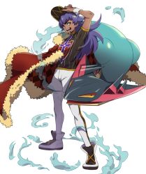 Rule 34 | 1boy, argyle, arm up, baseball cap, cape, champion uniform, commentary request, creatures (company), dark-skinned male, dark skin, dragapult, facial hair, floating cape, fur-trimmed cape, fur trim, game freak, gen 8 pokemon, hand on headwear, hat, highres, leggings, leon (pokemon), long hair, looking to the side, male focus, nintendo, open mouth, pokemon, pokemon (creature), pokemon swsh, purple hair, red cape, shield print, shirt, shoes, short sleeves, shorts, standing, sword print, teeth, tongue, white background, white legwear, white shorts, yellow eyes, yunoru