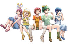 Rule 34 | 10s, 5girls, alternate hairstyle, aoki reika, arm support, blonde hair, blue eyes, blue hair, blunt bangs, bow, breasts, candy (smile precure!), casual, collarbone, eating, elenab, food, frills, green eyes, green hair, green shirt, hair bow, hair ornament, hair tie, hairband, heart, highres, hino akane (smile precure!), holding, hoshizora miyuki, kise yayoi, leg hold, legs, legs up, long hair, looking at viewer, looking away, midorikawa nao, mouth hold, multiple girls, open mouth, orange shirt, pants, pink eyes, pink hair, ponytail, popsicle, precure, puffy sleeves, red eyes, red hair, shirt, shoes, short hair, short sleeves, shorts, sidelocks, simple background, sitting, sitting on head, sitting on person, sleeveless, small breasts, smile precure!, socks, sweater vest, thighhighs, tongue, vest, white background, white hairband, white legwear, yellow eyes