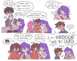 Rule 34 | 2girls, 3boys, arrow (symbol), aubrey (faraway) (omori), aubrey (omori), black eyes, black hair, blue overalls, brown hair, bug, crying, crying with eyes open, dark-skinned male, dark skin, english text, hairband, hero (faraway) (omori), hero (omori), highres, kel (faraway) (omori), kel (omori), long hair, mari (faraway) (omori), mari (omori), multiple boys, multiple girls, omori, open mouth, overalls, pink hair, puffy short sleeves, puffy sleeves, purple hair, shirt, short hair, short sleeves, sparkle, speech bubble, spider, sunny (omori), tears, teeth, thought bubble, upper teeth only, yellow shirt, yuilu (yuiluqqq)