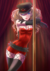 Rule 34 | 1girl, black gloves, black hat, black thighhighs, blonde hair, blue eyes, breasts, cleavage, cowboy shot, cropped arms, curtains, earrings, elbow gloves, gloves, hat, heart, highres, indoors, jewelry, jumpsuit, leaning to the side, light particles, long hair, looking at viewer, medium breasts, persona, persona 5, persona 5: dancing star night, persona dancing, pole dancing, red jumpsuit, red lips, short jumpsuit, sideboob, solo, sparkle, standing, strapless jumpsuit, takamaki anne, thigh gap, thighhighs, twintails, very long hair, yoruno mahiru