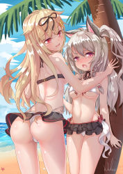 Rule 34 | 10s, 2girls, :d, absurdres, animal ears, ass, azur lane, back, bikini, bikini skirt, black bikini, blonde hair, blue sky, blunt bangs, blush, braid, breasts, cat ears, cloud, crossover, dappled sunlight, day, fang, full-face blush, grey hair, hair flaps, highres, historical name connection, kabedon, kantai collection, long hair, looking at viewer, looking back, medium breasts, multiple girls, name connection, navel, open mouth, outdoors, palm tree, red eyes, single braid, sky, smile, standing, stomach, sunlight, swimsuit, tears, thighs, tree, underboob, white bikini, wuhuo, yuudachi (azur lane), yuudachi (kancolle)