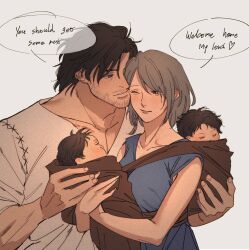 Rule 34 | 1girl, 3boys, black hair, blue dress, blush, carrying, carrying person, child, clive rosfield, couple, doopee205, dress, english text, father and son, final fantasy, final fantasy xvi, grey hair, heart, highres, hug, husband and wife, jill warrick, mother and son, multiple boys, one eye closed, piggyback, shirt, short hair, sleeping, smile, swaddled, white background, white shirt