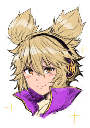 Rule 34 | 1girl, blonde hair, bright pupils, cape, cropped shoulders, earmuffs, gold trim, hair between eyes, highres, looking at viewer, pointy hair, portrait, sen (daydream 53), short hair, simple background, smile, solo, sparkle, touhou, toyosatomimi no miko, white background, yellow eyes