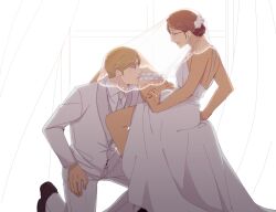 Rule 34 | 1boy, 1girl, backless dress, backless outfit, breasts, bridal veil, brown hair, commentary, curtains, dress, english commentary, flower, glasses, hair flower, hair ornament, hange zoe, hanpetos, hetero, husband and wife, moblit berner, necktie, on one knee, shingeki no kyojin, small breasts, thigh strap, tuxedo, veil, wedding dress, white necktie