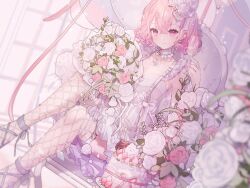 Rule 34 | beryl (blueberylpie), bouquet, cake, champagne flute, choker, cup, drinking glass, flower, food, hair flower, hair ornament, highres, holding, holding bouquet, indie utaite, nqrse, official art, on chair, pink eyes, pink hair, rose, second-party source, smile