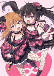 Rule 34 | 2girls, absurdres, alternate costume, arm around shoulder, arm at side, beat shooter (idolmaster), black bow, black collar, black footwear, black gloves, black hair, black hat, black nails, black skirt, black wrist cuffs, blush, boots, bow, child, collar, criss-cross strings, crop top, dot nose, eyelashes, fingerless gloves, fingernails, fishnet pantyhose, fishnets, flat chest, foot up, frilled skirt, frilled tank top, frilled wrist cuffs, frills, from above, full body, gloves, hair between eyes, halterneck, hands up, hat, hat bow, hat ribbon, heart, high heel boots, high heels, highres, idol, idol clothes, idolmaster, idolmaster cinderella girls, idolmaster cinderella girls starlight stage, infinity symbol, jacket, layered skirt, long bangs, long hair, looking at viewer, matching outfits, matoba risa, midriff, mini hat, multicolored clothes, multicolored nails, multicolored skirt, multiple girls, nail polish, open clothes, open jacket, open mouth, orange hair, pantyhose, pink background, pink hat, pink jacket, pink nails, pink ribbon, pink skirt, pink tank top, plaid, plaid clothes, plaid headwear, plaid jacket, plaid ribbon, purple eyes, ribbon, riku (melty drop), short sleeves, sidelocks, simple background, skirt, smile, standing, straight hair, swept bangs, tank top, tongue, twintails, v, wrist cuffs, yellow eyes, yuuki haru, zipper
