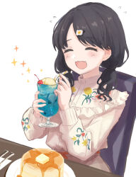 Rule 34 | 1girl, ^ ^, black hair, bow, butter, chair, cherry, closed eyes, cup, dress, drink, drinking straw, fangs, floral print, flying sweatdrops, food, fork, frilled dress, frills, fruit, fukumaru koito, hair ornament, hairclip, happy, highres, holding, holding cup, honey, ice, ice cream, ice cube, idolmaster, idolmaster shiny colors, kiri meee, knife, long hair, long sleeves, open mouth, pancake, plate, print dress, simple background, sitting, skin fangs, solo, sparkle, table, twintails, upper body, waist bow, white background, white dress