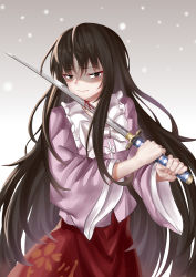 Rule 34 | 1girl, absurdres, ailu elf, arms up, black eyes, black hair, blood, bloody weapon, chinese commentary, commentary request, cutting, expressionless, fingernails, highres, hime cut, holding, holding sword, holding weapon, houraisan kaguya, katana, long hair, long sleeves, looking at viewer, purple shirt, red skirt, self-harm, shaded face, shirt, skirt, solo, standing, suicide, sword, touhou, very long hair, weapon, wide sleeves