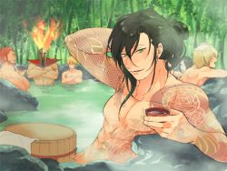 Rule 34 | 6+boys, arm behind head, arm tattoo, bamboo, bamboo forest, beard, billy the kid (fate), black hair, cape, collarbone, crossed arms, cup, facial hair, fate/grand order, fate (series), flower tattoo, forest, gilgamesh (fate), green eyes, helmet, iskandar (fate), leonidas (fate), looking at viewer, male focus, multiple boys, muscular, nature, onsen, ororooops, outdoors, partially submerged, pectorals, phantom of the opera (fate), red hair, rock, sakazuki, same-sex bathing, shared bathing, steam, stomach tattoo, tattoo, towel, towel on head, yan qing (fate)