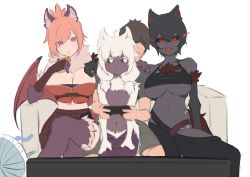 Rule 34 | 1boy, 3girls, :d, animal ear fluff, animal ears, arm around shoulder, asymmetrical clothes, asymmetrical pants, bare shoulders, bat wings, bell orgel, black hair, black sclera, breasts, bunyip (monster girl encyclopedia), cleavage, colored sclera, colored skin, commentary request, controller, couch, crossed legs, dark-skinned female, dark skin, drinking, drinking straw, electric fan, eyes visible through hair, flat chest, fur, game controller, girl sandwich, grey skin, hair between eyes, hellhound (monster girl encyclopedia), juice box, lamia, large breasts, manticore (monster girl encyclopedia), monster girl, monster girl encyclopedia, monster girl encyclopedia ii, multiple girls, navel, open mouth, orange hair, pink eyes, red eyes, revealing clothes, sandwiched, sitting, sitting on lap, sitting on person, sketch, smile, underboob, white eyes, white hair, wings