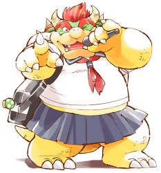 Rule 34 | 1-up mushroom, 1boy, 1up, bowser, claws, garou-zuki, horns, looking at viewer, male focus, mario (series), microphone, mushroom, nintendo, one eye closed, pinky out, pointing, red hair, school uniform, serafuku, simple background, skirt, solo, tail, white background