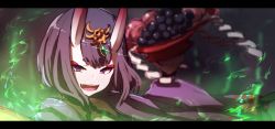 Rule 34 | 1girl, :d, absurdres, arm up, bad id, bad twitter id, blurry, blurry background, depth of field, fangs, fate/grand order, fate (series), food, fruit, grapes, hair ornament, highres, holding, horns, japanese clothes, kimono, letterboxed, long sleeves, looking at viewer, oni, open clothes, open kimono, open mouth, protected link, purple eyes, purple hair, purple kimono, shide, short hair, shuten douji (fate), skin-covered horns, smile, solo, thick eyebrows, wada kazu, wide sleeves