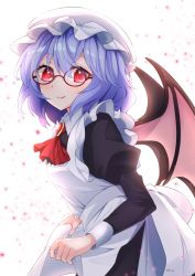 Rule 34 | 1girl, akainoya rayo, alternate costume, apron, ascot, bat wings, black dress, bow, breasts, brooch, dress, frilled apron, frills, glasses, hat, hat ribbon, highres, jewelry, light purple hair, maid, mob cap, puffy sleeves, red bow, red eyes, red ribbon, remilia scarlet, ribbon, short hair, small breasts, touhou, valentine, wings, wrist cuffs