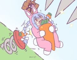 Rule 34 | 1girl, animal costume, blue hair, carrot, glint, holding, holding carrot, hololive, kukie-nyan, multicolored hair, open mouth, rabbit costume, red eyes, sign, spikes, spring (object), twintails, twitter username, two-tone hair, usada pekora, virtual youtuber, white hair, wide-eyed