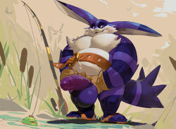 1boy :3 animal_ears bara belly belt big_the_cat brown_belt cat_boy cat_ears cat_tail colored_sclera commentary darkgem english_commentary erection fat fat_man fishing fishing_rod furry furry_male gloves highres male_focus pectorals penis purple_eyes reeds sandals sketch_background smile sonic_(series) tail testicles yellow_gloves yellow_sclera