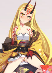 Rule 34 | 1girl, ass, bandaid, bandaid on pussy, bare shoulders, beige background, blonde hair, blush, breasts, cleavage, earrings, eyeliner, facial mark, fate/grand order, fate (series), horns, ibaraki douji (fate), japanese clothes, jewelry, kimono, long hair, looking at viewer, makeup, nu (plastic eraser), off shoulder, oni, pointy ears, simple background, sitting, slit pupils, small breasts, smile, solo, spread legs, tattoo, tears, yellow eyes