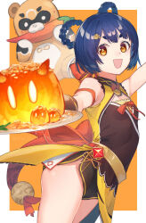 Rule 34 | 1girl, blue hair, blush, breasts, chili pepper, chinese clothes, commentary, eating, food, genshin impact, gloves, guoba (genshin impact), hair ornament, hair rings, hairclip, highres, holding, looking at viewer, open mouth, orange eyes, plate, sho bu 1116, short shorts, shorts, simple background, sleeveless, slime (genshin impact), small breasts, thighs, two-tone background, xiangling (genshin impact)