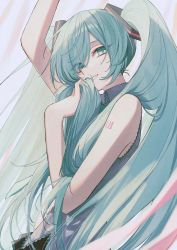 Rule 34 | 1girl, aqua eyes, aqua hair, arm up, bare arms, black skirt, collared shirt, eyes visible through hair, floating hair, grey shirt, hair over one eye, hair over shoulder, half-closed eyes, hand to own mouth, hand up, hatsune miku, highres, holding, holding hair, itou (very ito), light smile, long hair, looking at viewer, muted color, number tattoo, parted lips, pleated skirt, shirt, shoulder tattoo, sidelighting, skinny, skirt, sleeveless, sleeveless shirt, solo, tattoo, tsurime, twintails, upper body, very long hair, vocaloid
