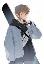Rule 34 | 1boy, black hoodie, blue eyes, blush, breath, brown hair, buttons, commentary request, earphones, gloves, grey jacket, grey pants, guitar case, hand up, highres, hood, hood down, hoodie, instrument case, jacket, link, long sleeves, looking at viewer, male focus, nintendo, open clothes, open jacket, pants, parted lips, pointy ears, shikiri, solo, the legend of zelda, white background