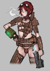 Rule 34 | 1boy, 2n5, androgynous, blue eyes, bulge, cigarette, fallout (series), fallout 4, g-string, goggles, goggles on head, gun, handgun, highres, looking at viewer, male focus, nipple piercing, nipples, piercing, red hair, short hair, simple background, smoking, solo, thong, trap, trigger discipline, weapon