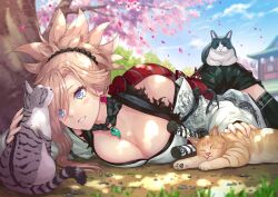 Rule 34 | 1girl, bare shoulders, black thighhighs, blue eyes, blush, breasts, cat, cleavage, dragon print, earrings, fate/samurai remnant, fate (series), grey kimono, grin, hair ornament, japanese clothes, jewelry, kimono, large breasts, long hair, long sleeves, magatama, miyamoto musashi (fate), nishimura eri, obi, pelvic curtain, pink hair, ponytail, rope belt, sash, smile, solo, swept bangs, thighhighs, thighs, wide sleeves