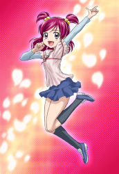 Rule 34 | 00s, 1girl, female focus, full body, hair bobbles, hair ornament, hajime (caramel toone), jumping, miniskirt, pink hair, precure, purple eyes, short twintails, skirt, smile, solo, twintails, two side up, yes! precure 5, yumehara nozomi