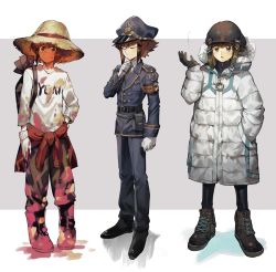 Rule 34 | 1boy, alternate costume, aoki (fumomo), black gloves, boots, brown eyes, brown footwear, brown hair, brown pants, character name, closed eyes, clothes around waist, coat, full body, gloves, grey background, hand in pocket, hand on own hip, hat, hat ribbon, helmet, hood, hooded coat, male focus, necktie, paint on clothes, pants, police, police uniform, print shirt, red ribbon, ribbon, shirt, solo, straw hat, sweater, sweater around waist, two-tone background, uniform, variations, white background, white coat, white shirt, yellow hat, yu-gi-oh!, yu-gi-oh! gx, yuuki juudai
