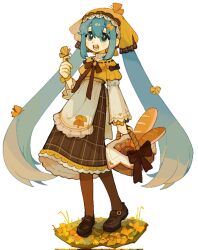 Rule 34 | 1girl, alternate costume, alternate hairstyle, apron, autumn, autumn leaves, baguette, basket, black bow, black bowtie, blue eyes, blue hair, bow, bowtie, bread, brooch, brown pantyhose, brown skirt, bug, butterfly, butterfly on hand, butterfly on head, corrupted twitter file, dress, falling leaves, food, ginkgo leaf, hair ornament, hand up, hatsune miku, head scarf, highres, holding, holding basket, insect, jewelry, lace-trimmed headwear, lace trim, layered dress, layered sleeves, leaf, leaf hair ornament, leaf print, long hair, long sleeves, looking at viewer, pantyhose, ribbon-trimmed dress, short over long sleeves, short sleeves, simple background, skirt, solo, suuroku, tomato, turtleneck, twintails, vocaloid, waist apron, white apron, white background, white dress, yellow dress, yellow headwear, yellow theme