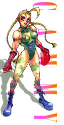 Rule 34 | 1990s (style), 1girl, abs, ahoge, antenna hair, bare legs, beret, blonde hair, blue eyes, boots, braid, breasts, cammy white, camouflage, capcom, combat boots, elbow gloves, fingerless gloves, gloves, hat, unworn hat, unworn headwear, holding, holding clothes, holding hat, huge ahoge, itoh mami, leotard, long hair, muscular, official art, retro artstyle, scar, socks, solo, street fighter, twin braids