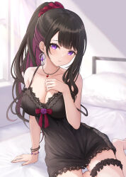 Rule 34 | 1girl, arm support, babydoll, barefoot, black babydoll, black hair, bracelet, breasts, cleavage, closed mouth, collarbone, colored inner hair, commission, day, dot nose, earrings, hand on own chest, highres, indoors, jewelry, kirifrog, koinoya mai, large breasts, long hair, mole, mole under eye, multicolored hair, necklace, on bed, ponytail, propro production, purple eyes, sitting, skeb commission, solo, spaghetti strap, strap slip, thigh scrunchie, two-tone hair, virtual youtuber