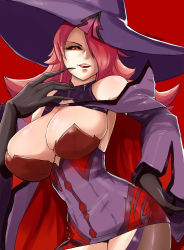 Rule 34 | 1girl, absurdres, arc system works, bare shoulders, black sclera, blazblue, breasts, cleavage, colored sclera, hair over one eye, hat, highres, konoe a. mercury, large breasts, long hair, mature female, mature female, pink eyes, witch, witch hat