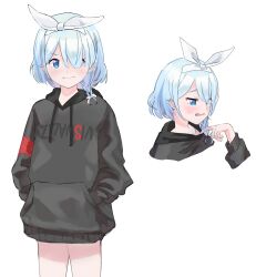 1girl absurdres angry arona_(blue_archive) black_hoodie blue_archive blue_eyes blue_hair braid closed_mouth cowboy_shot hair_over_one_eye hairband hands_in_pockets highres hood hoodie looking_at_viewer multiple_views rakkhun short_hair single_braid white_hairband