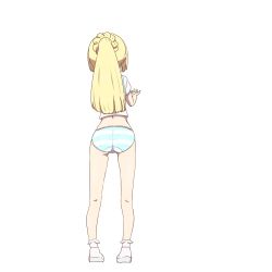 Rule 34 | 1girl, absurdres, ass, blonde hair, blue panties, creatures (company), facing away, female focus, from behind, full body, game freak, hand up, highres, kneepits, legs, lillie (pokemon), long hair, microsd (pibo), nintendo, no pants, panties, pokemon, pokemon sm, ponytail, shirt, shoes, short sleeves, simple background, socks, solo, standing, striped clothes, striped panties, underwear, white background, white footwear, white shirt, white socks
