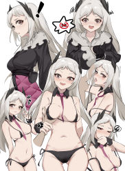 Rule 34 | !, 1boy, 1girl, :d, :o, @ @, absurdres, anger vein, areola slip, arknights, arm behind back, bare shoulders, belt, between breasts, bikini, black bikini, black gloves, black shirt, blouse, blush, breasts, brown eyes, cleavage, closed mouth, covered erect nipples, cum, detached collar, disembodied hand, facial, flying sweatdrops, gloves, gluteal fold, grabbing, grabbing another&#039;s breast, head wings, hetero, highres, holding another&#039;s wrist, irene (arknights), katachi noboru nishikino, large breasts, long hair, long sleeves, looking at viewer, medium breasts, motion lines, multiple views, navel, necktie, necktie between breasts, nose blush, one eye closed, open mouth, parted bangs, parted lips, puffy long sleeves, puffy sleeves, purple necktie, purple skirt, shirt, side-tie bikini bottom, simple background, skirt, smile, speech bubble, stomach, strap slip, swimsuit, tongue, tongue out, two-tone skirt, white background, white hair, white skirt, wings, wiping face