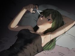 Rule 34 | 1girl, absurdres, arm up, armpits, breasts, camisole, green hair, hand up, highres, holding, holding scissors, long hair, lying, medium breasts, on back, scissors, solo, sousou no frieren, spaghetti strap, tanac mangi, ubel (sousou no frieren), upper body