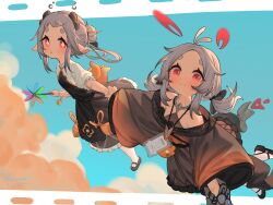 Rule 34 | 2girls, :o, antenna hair, artist name, bell, black dress, black footwear, blue sky, blush, bracelet, commentary request, cross-shaped pupils, dated, day, dress, flat chest, flying, grey hair, hair bun, highres, holding another&#039;s wrist, horns, jewelry, koebushi (mat), lanyard, looking at viewer, low twintails, monster girl, multiple girls, original, pantyhose, pinwheel, pointy ears, red eyes, short eyebrows, sky, smile, symbol-shaped pupils, tentacles, twintails, white pantyhose