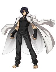 Rule 34 | 00s, 1boy, black eyes, black hair, unworn cape, chinese clothes, fire, full body, gloves, hair over one eye, highres, kishima kouma, male focus, melty blood, melty blood: type lumina, muscular, official art, short hair, sleeveless, solo, striped, striped background, takeuchi takashi, tsukihime, tsukihime (remake)
