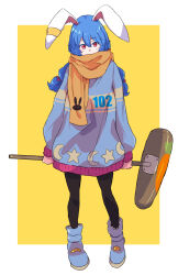 Rule 34 | 1girl, adapted costume, animal ears, animal print, blue hair, blue jacket, border, carrot print, comiket 102, covered mouth, crescent moon, food print, full body, hammer, highres, holding, holding hammer, jack (wkm74959), jacket, long sleeves, looking at viewer, moon, one-hour drawing challenge, rabbit ears, rabbit girl, rabbit print, red eyes, scarf, scarf over mouth, seiran (touhou), solo, star (symbol), star print, touhou, white border, yellow background, yellow scarf