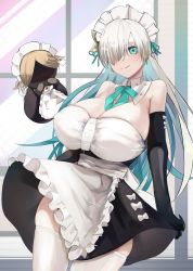 Rule 34 | 1girl, absurdres, anastasia (fate), apron, bare shoulders, black dress, blush, breasts, closed mouth, collarbone, doll, dress, fate/grand order, fate (series), full body, gloves, green eyes, hair ornament, highres, large breasts, long hair, looking at viewer, maid, maid apron, maid headdress, san (harutuki 3), simple background, smile, socks, solo, standing, thighhighs, waist apron, white apron, white background, white hair