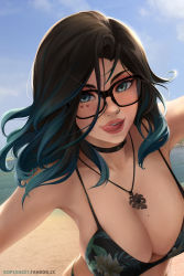 Rule 34 | 1girl, absurdres, artist name, beach, bikini, black-framed eyewear, black bikini, black choker, black hair, blue hair, breasts, choker, cleavage, day, glasses, gradient hair, highres, jewelry, kopianget, large breasts, lips, looking at viewer, medium hair, mole, mole on breast, multicolored hair, necklace, nose, open mouth, original, outdoors, outstretched arms, sand, shelby seraphine, solo, swimsuit, tongue, tongue out, two-tone hair, watermark, web address
