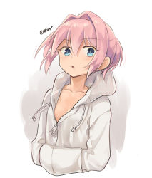 Rule 34 | 1girl, blue eyes, cropped torso, drawstring, flat chest, hands in pockets, hood, hooded jacket, hoodie, jacket, kantai collection, looking at viewer, pink hair, ponytail, r-king, shiranui (kancolle), short hair, simple background, solo, upper body, white background, white jacket