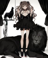 Rule 34 | 1girl, absurdres, animal, bird, black dress, black footwear, black neckwear, black ribbon, blush, breasts, brown hair, chicken, choker, cleavage, curtains, detached sleeves, dress, eyelashes, full body, hair ribbon, high heels, highres, large breasts, lion, long hair, mole, mole on breast, narue, open mouth, original, ribbon, rooster, standing, v