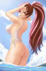 Rule 34 | 1girl, :d, armpits, arms up, artist name, ass, bare arms, bare shoulders, blue sky, breasts, brown eyes, brown hair, casual one-piece swimsuit, cslucaris, day, from side, heterochromia, large breasts, long hair, looking at viewer, looking to the side, multicolored hair, neo politan, one-piece swimsuit, open mouth, outdoors, pink eyes, pink hair, ponytail, rwby, side-tie swimsuit, sideboob, sky, smile, solo, swimsuit, two-tone hair, very long hair, wading, water, watermark, web address, wet, wet hair, white one-piece swimsuit