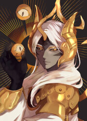 Rule 34 | 1boy, armor, black gloves, colored skin, cookie run, gloves, gold armor, grey skin, highres, horns, humanization, long hair, longan dragon cookie, looking at viewer, male focus, nekoyasiki33, personification, solo, upper body, white hair, yellow eyes