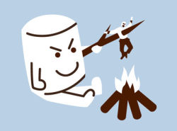 Rule 34 | 1boy, artist request, blue background, bonfire, fire, food, food focus, impaled, lowres, marshmallow, monochrome, pants, role reversal, simple background, sitting, smile, solid circle eyes, stab, surreal, what