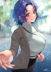 Rule 34 | 1girl, between breasts, blue hair, blurry, blurry background, blush, bokeh, breasts, brown eyes, c (theta), depth of field, earrings, grin, hair intakes, highres, idolmaster, idolmaster million live!, jacket, jewelry, large breasts, looking at viewer, nail polish, open clothes, open jacket, park, pink nails, pov, reaching, reaching towards viewer, short hair, signature, smile, strap between breasts, sweater, toyokawa fuka, turtleneck, turtleneck sweater, wavy hair