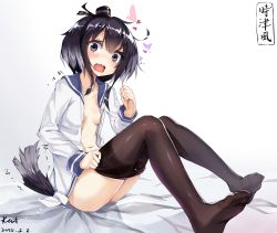 Rule 34 | 10s, 1girl, absurdres, animal ears, artist name, black hair, black pantyhose, blush, breasts, brown eyes, dated, dog ears, dog tail, dressing, gradient hair, headgear, highres, kantai collection, kentia, kentllaall, looking at viewer, multicolored hair, no shoes, open clothes, open mouth, pantyhose, sailor collar, seamed legwear, shirt, short hair, short hair with long locks, side-seamed legwear, small breasts, solo, tail, thighhighs, tied shirt, tokitsukaze (kancolle), wavy mouth