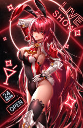 Rule 34 | 1girl, absurdres, animal ears, arm up, armor, armored boots, armpits, been, black leotard, black thighhighs, boots, braid, breasts, cleavage, covered navel, elesis (elsword), elsword, empire sword (elsword), fake animal ears, floating hair, french braid, gloves, hair between eyes, highres, large breasts, leotard, long hair, looking at viewer, open mouth, playboy bunny, rabbit ears, rabbit tail, red eyes, red hair, red neckwear, shoulder armor, solo, standing, strapless, strapless leotard, sweatdrop, tail, thighhighs, very long hair, white gloves