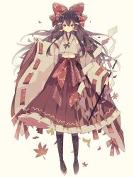 Rule 34 | 1girl, adapted costume, autumn leaves, bare shoulders, boots, bow, brown eyes, brown footwear, brown hair, closed mouth, detached sleeves, full body, ginkgo leaf, gohei, hair between eyes, hair bow, hair tubes, hakama, hakurei reimu, highres, holding, japanese clothes, knee boots, leaf, long hair, maple leaf, miko, navel, nikorashi-ka, red bow, red hakama, ribbon-trimmed sleeves, ribbon trim, sidelocks, simple background, solo, touhou, white background, white sleeves, wide sleeves